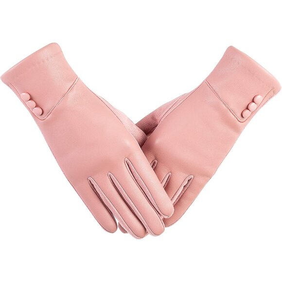 Women's Pink Winter Fashion Leather Windproof Warm Suede Driving Dress Gloves - Picture 1 of 7